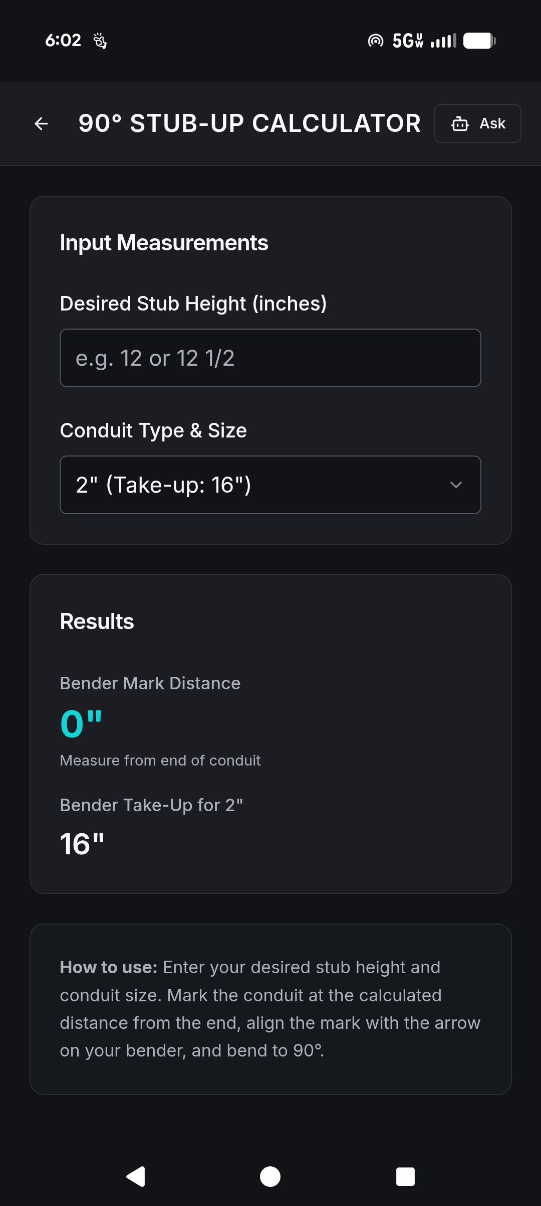 90&deg; Stub-Up Calculator
